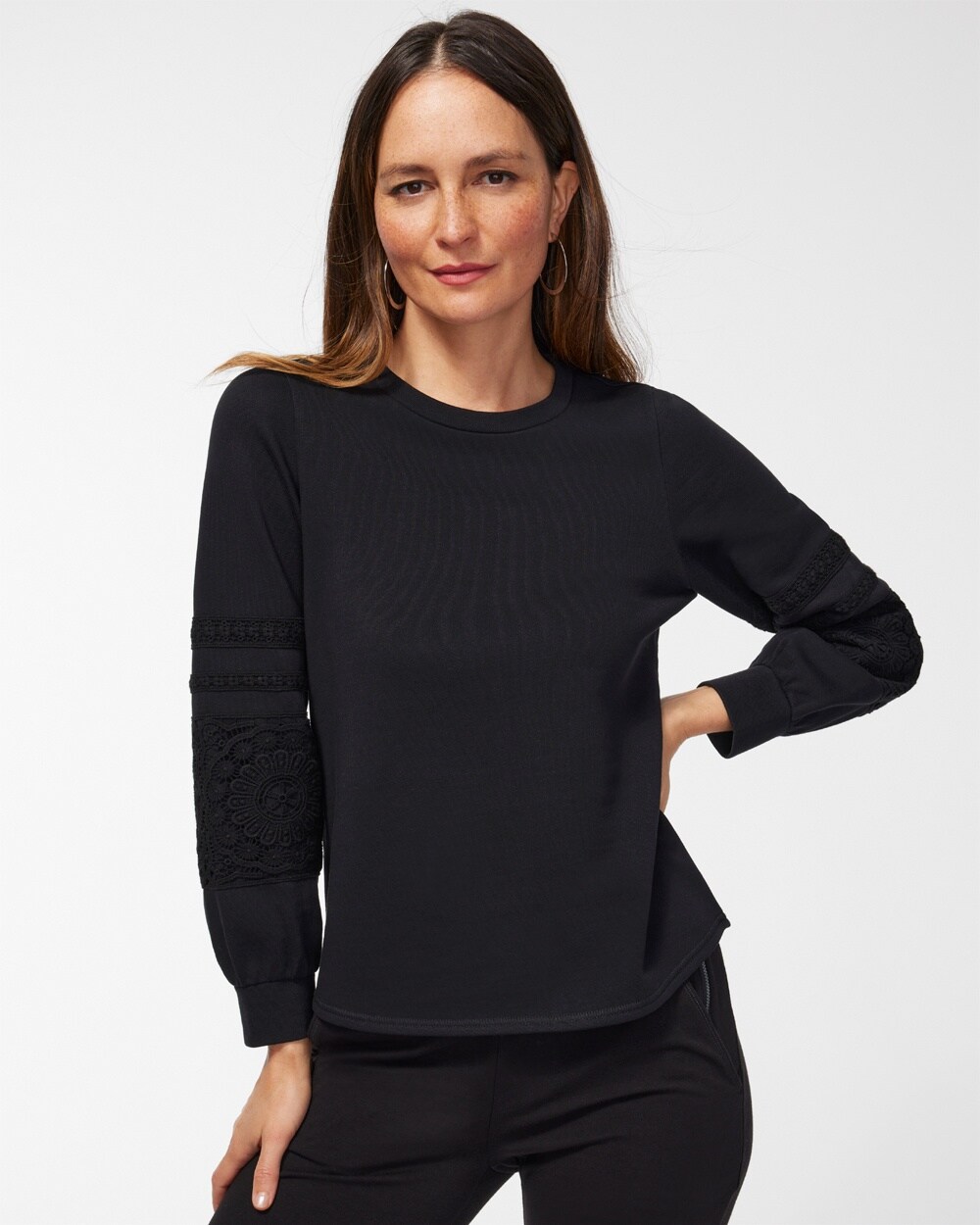 Zenergy Lace Trim Sleeve Sweatshirt