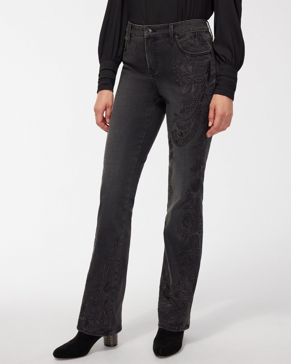 Girlfriend Tonal Embroidered Flare Jeans video preview image, click to start video