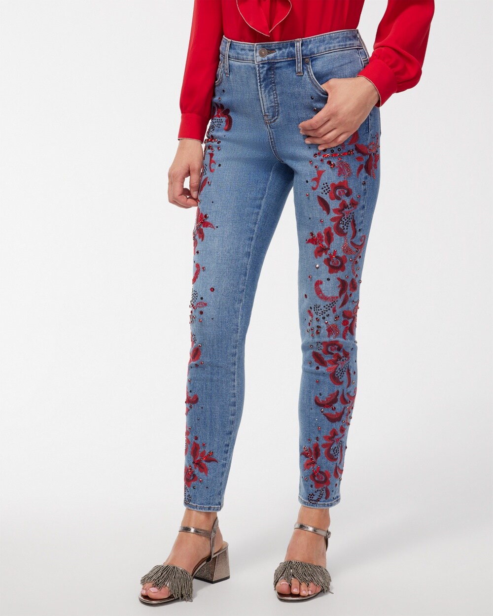 Girlfriend Red Embellished Ankle Jeans In Tacoma Indigo Size 10p Petite |