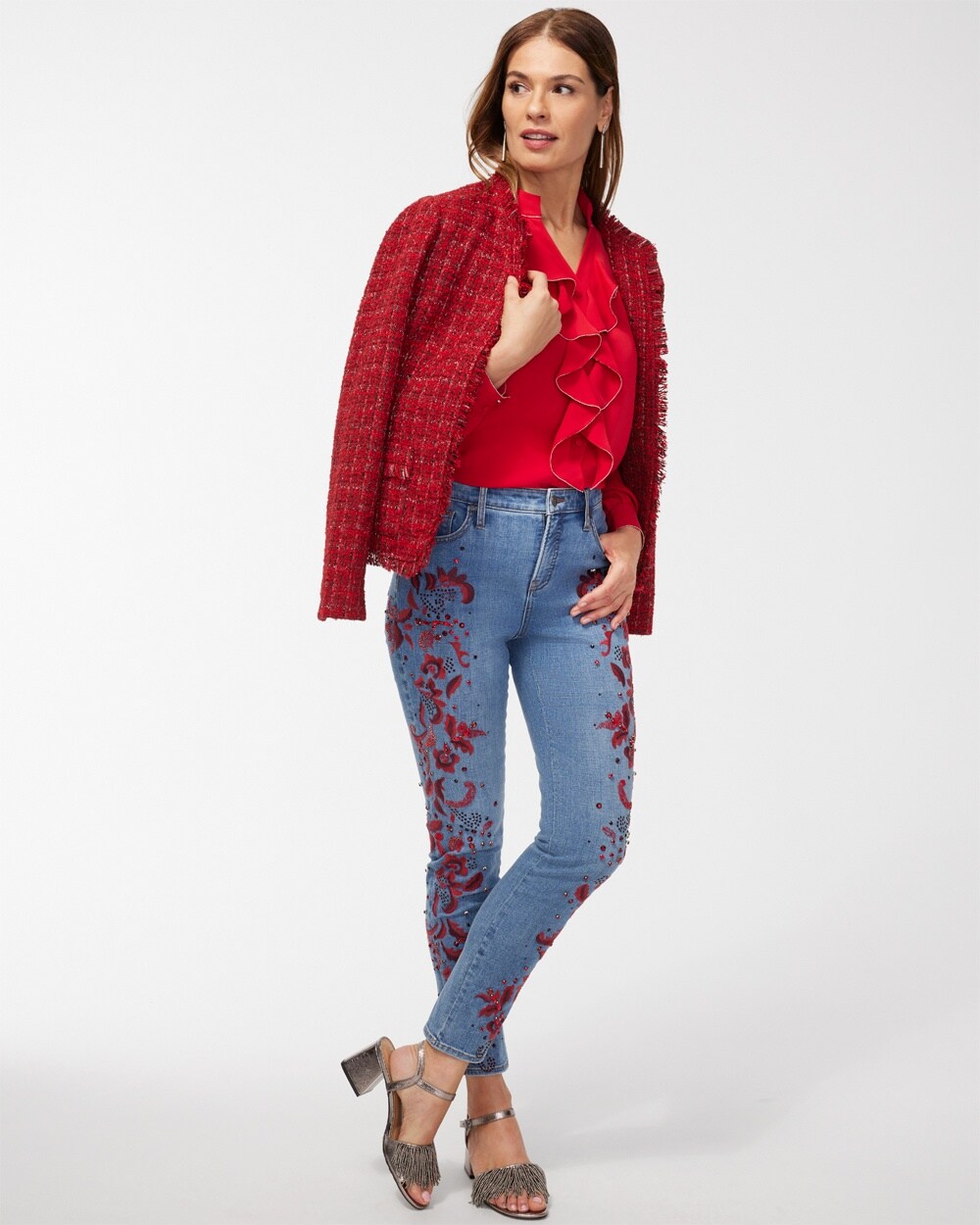 Petite Girlfriend Red Embellished Ankle Jeans