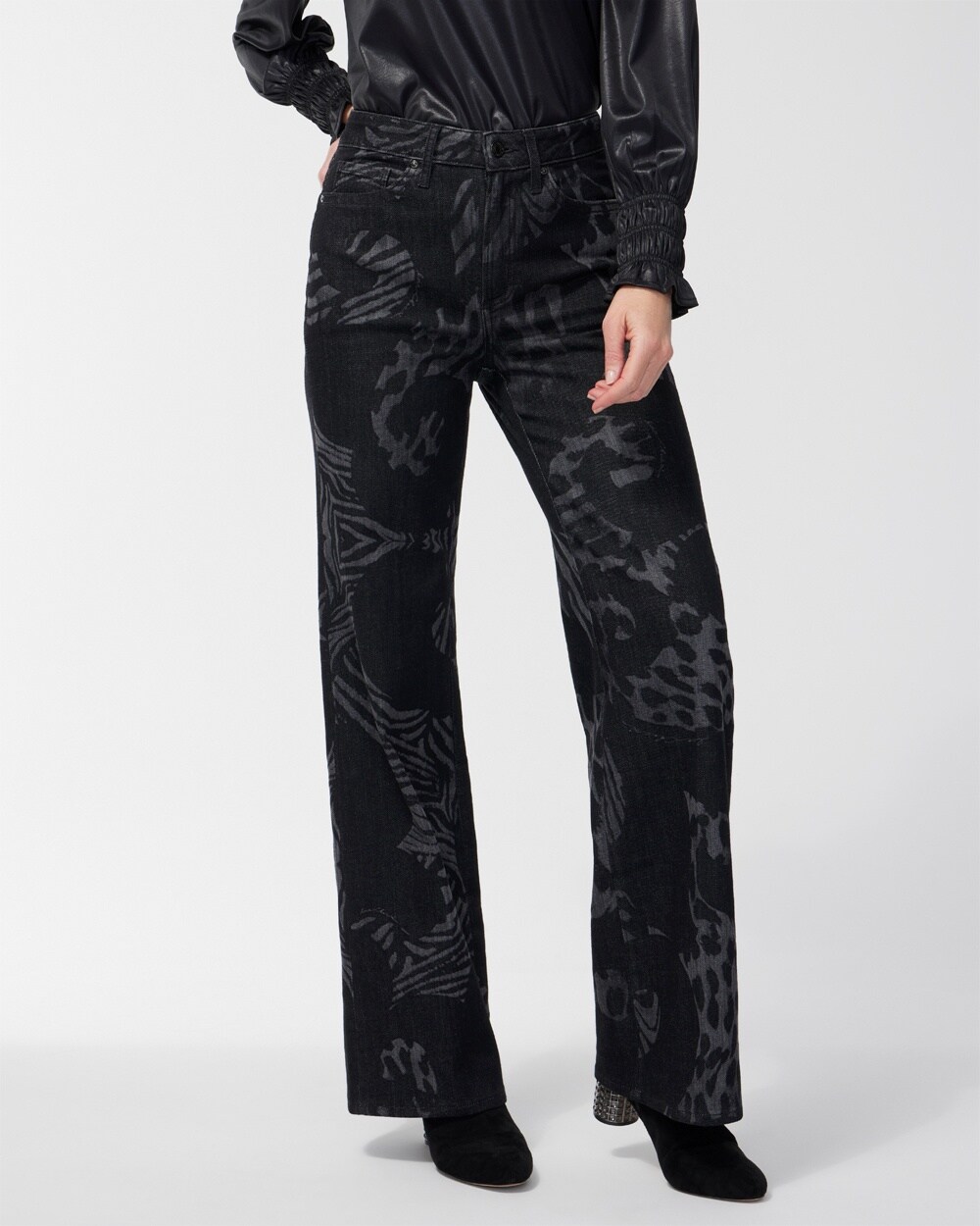 Petite High Rise Animal Wide Leg Jeans video preview image, click to start video