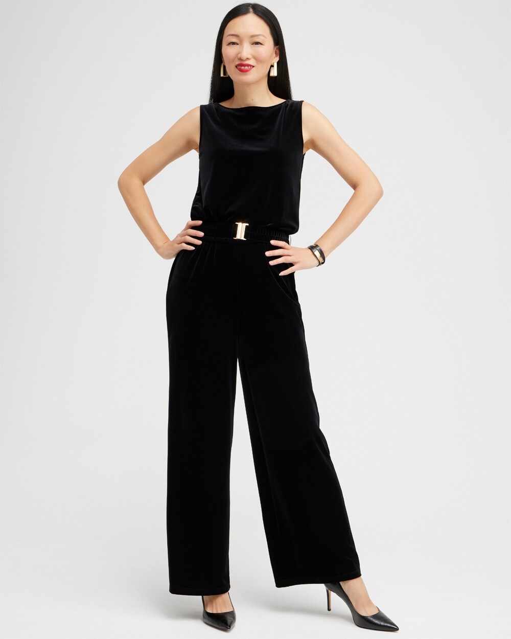 Petite Travelers Collection Velvet Belted Jumpsuit