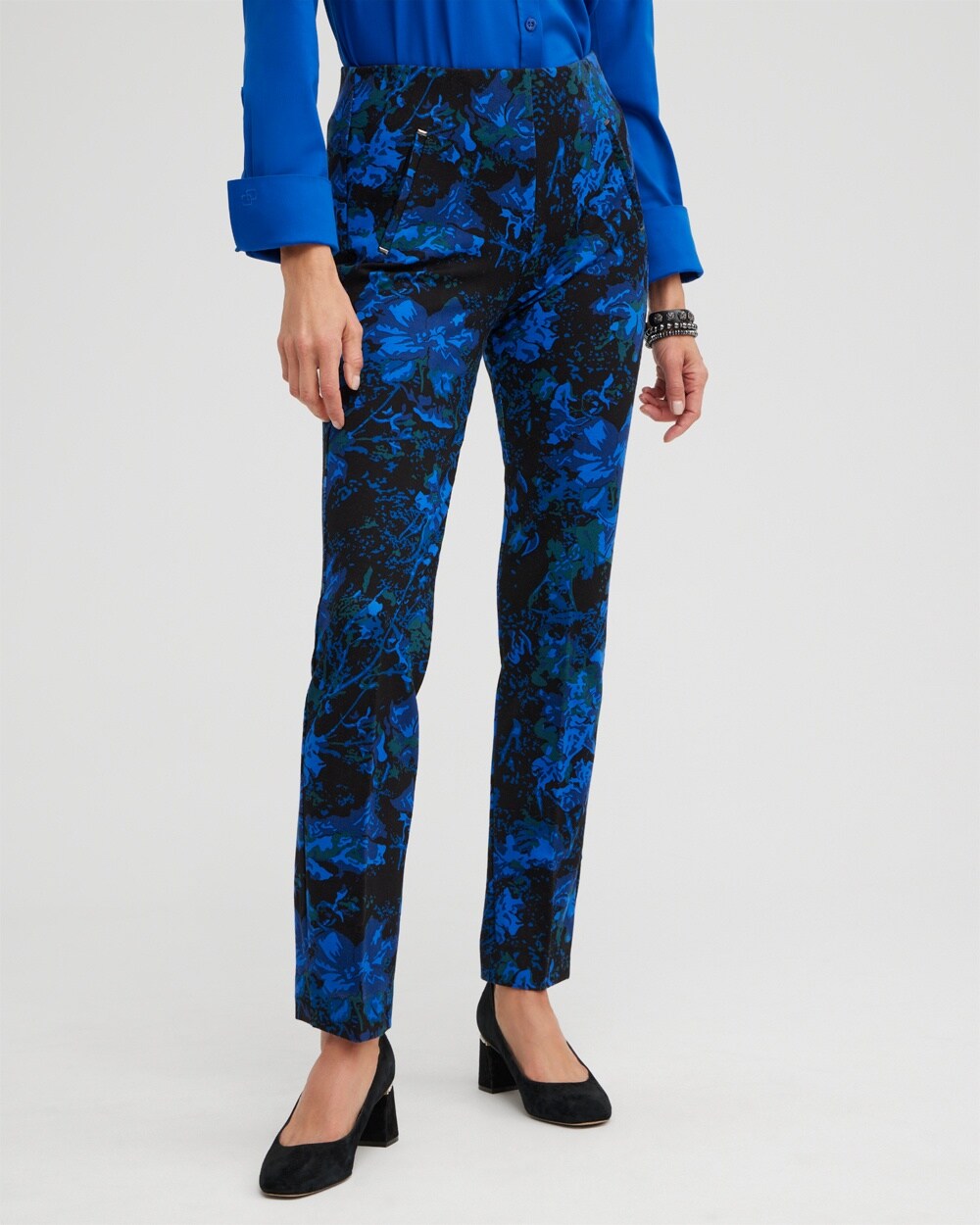 Juliet Floral Metallic Trim Ankle Pants video preview image, click to start video