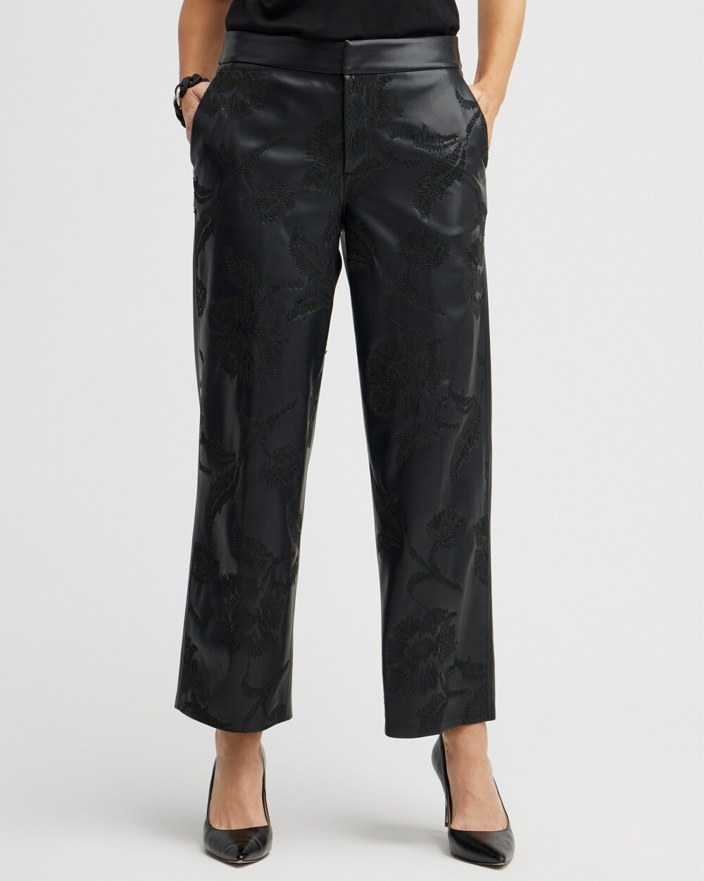 Faux Leather Embroidered Wide Leg Pants