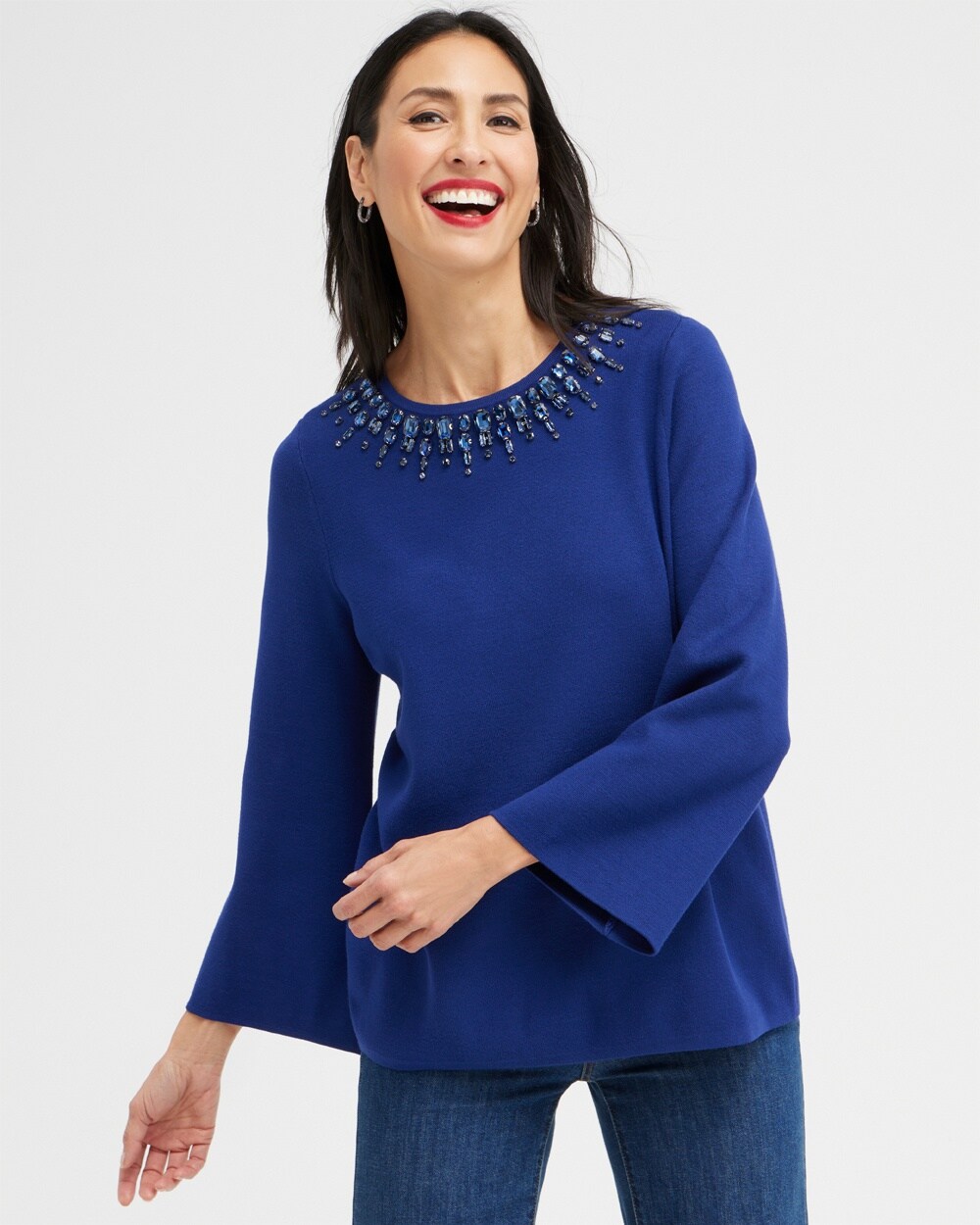 Chico's Gem Embellished Flare Sleeve Sweater In Blue Size Small |