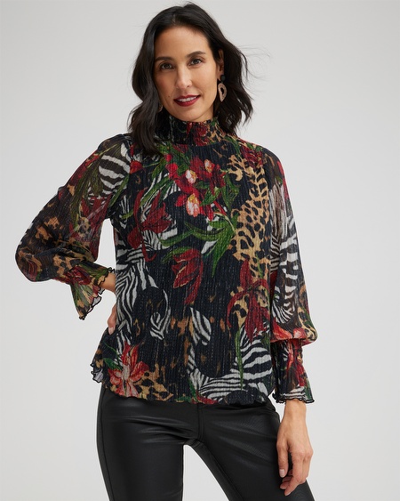 Mock Neck Mixed Print Metallic Crinkle Top - Chico's