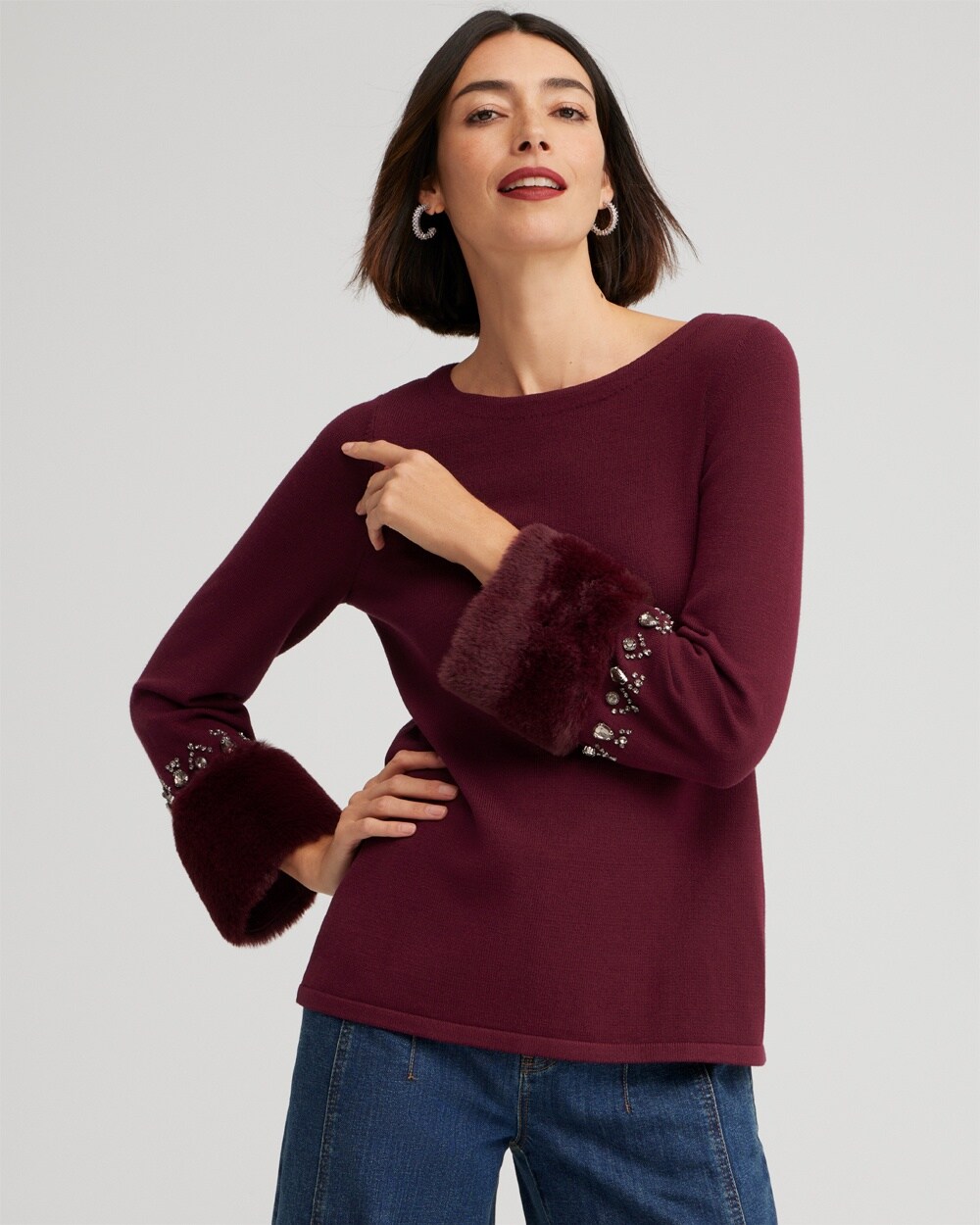 Chico's Faux Fur Trim Embellished Sweater In Purple