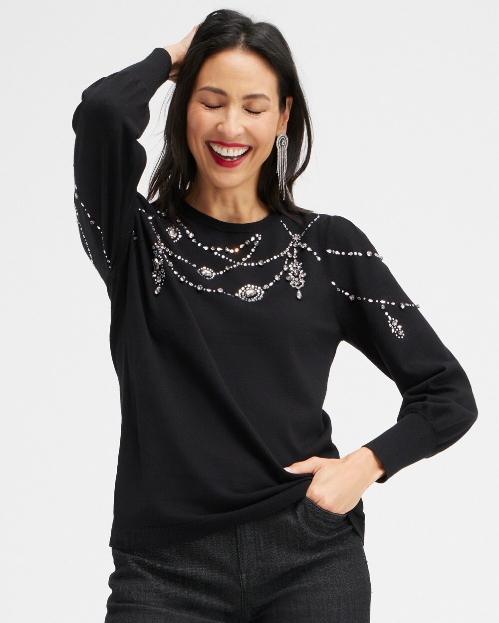 Chico's Crystal Chandelier Pullover Sweater In Black