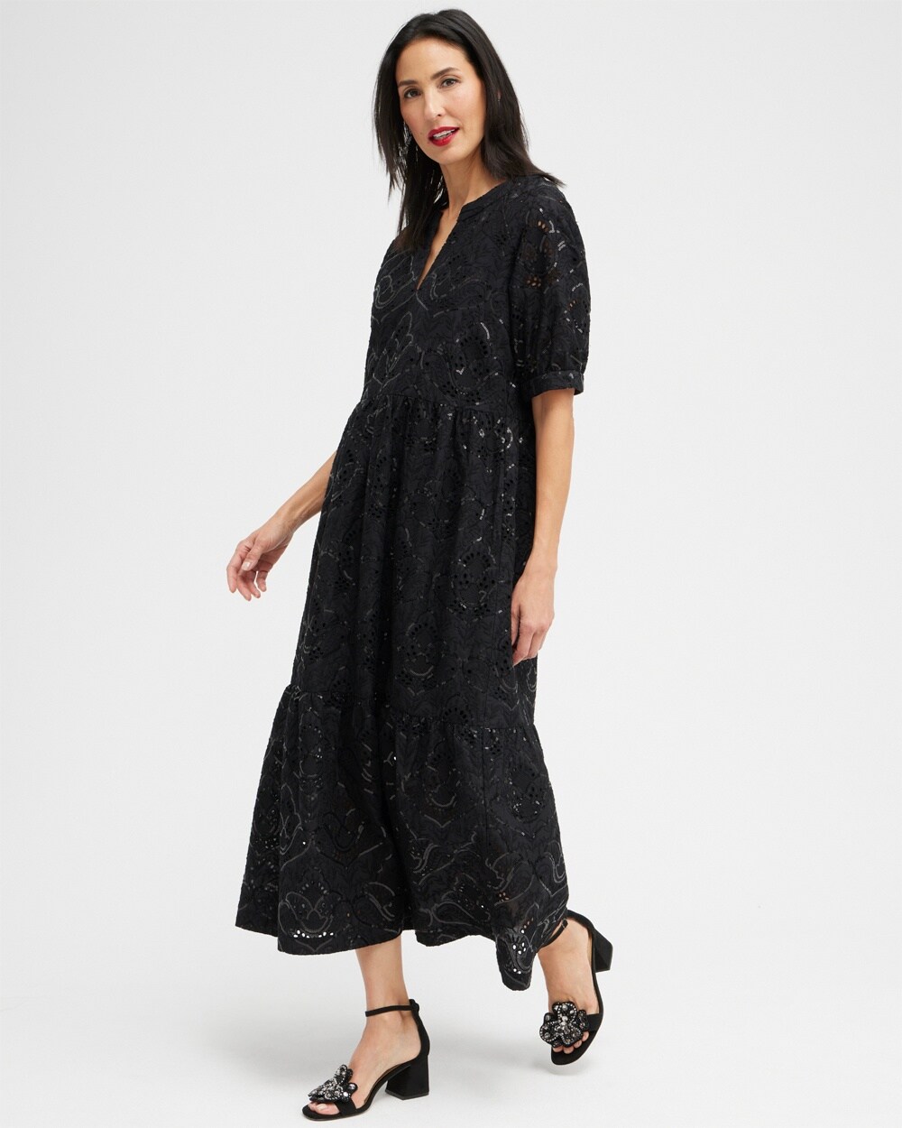 Sequin Eyelets Tiered Dress