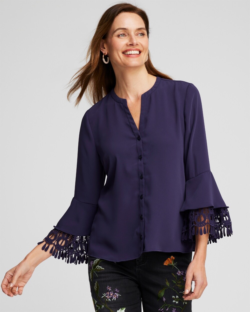 Chico's Lace Detail Long Sleeve Top In Purple Size Large |