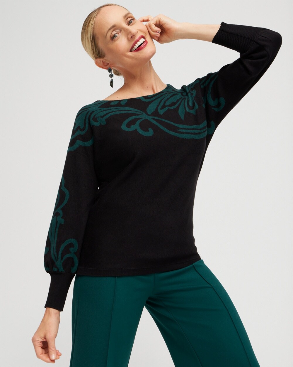 Green Print Pullover Sweater