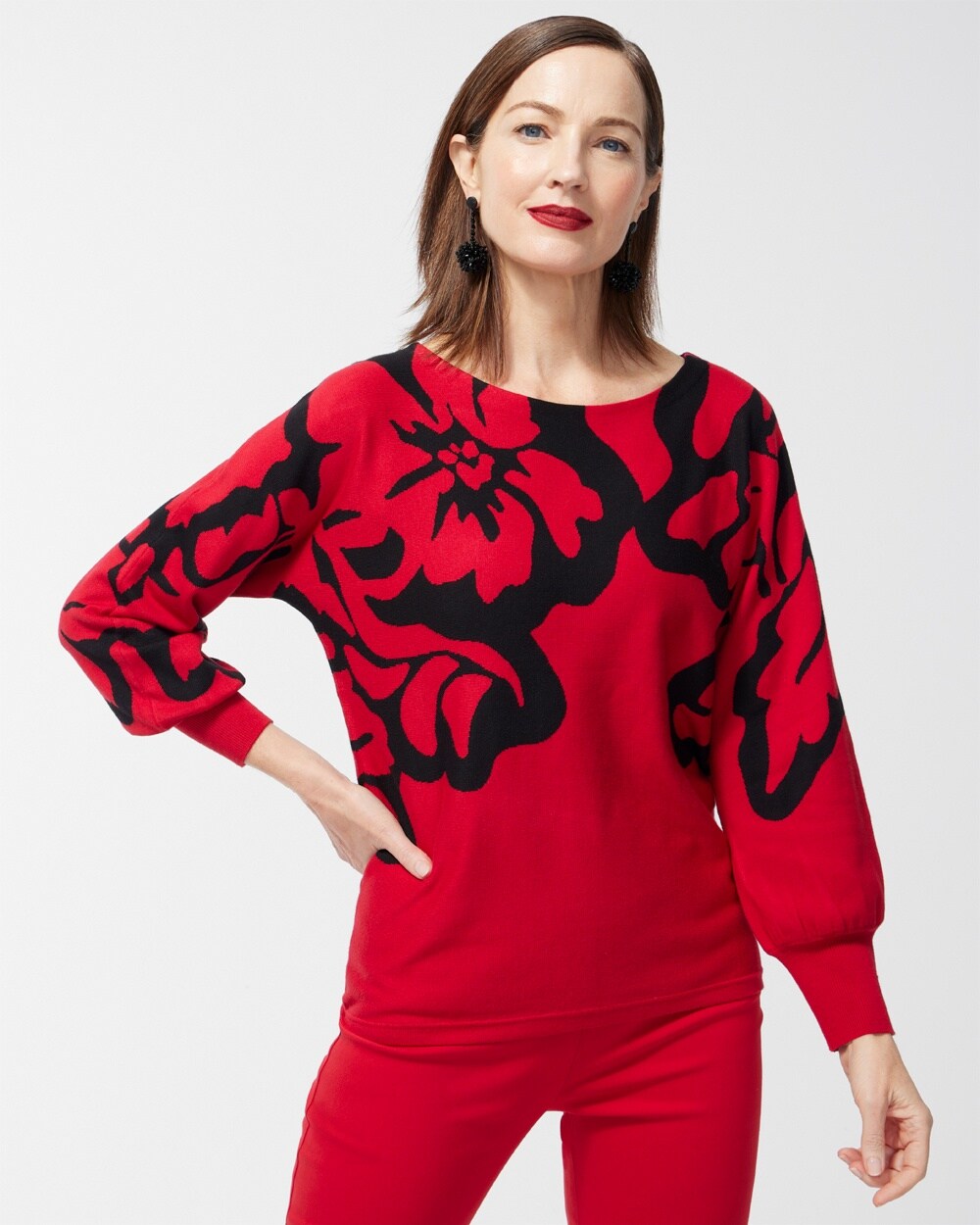Red Print Pullover Sweater