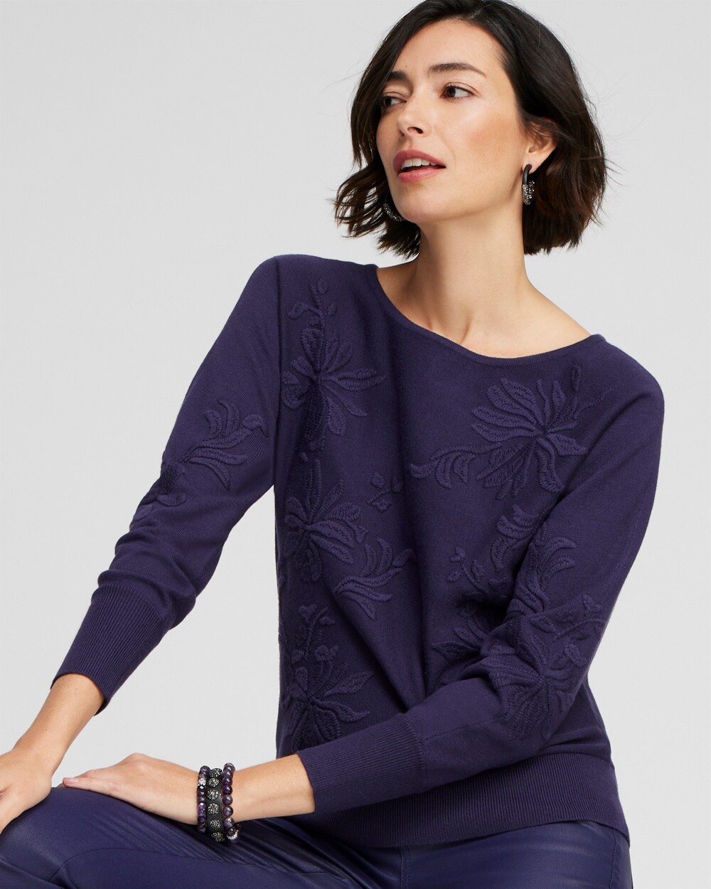 Purple Textured Floral Pullover Sweater