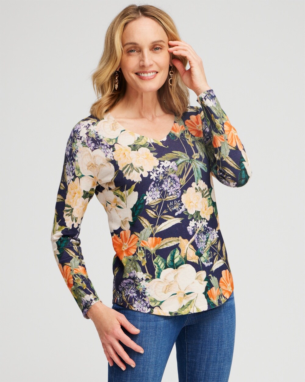 Spun Rayon Floral V-neck Pullover Sweater