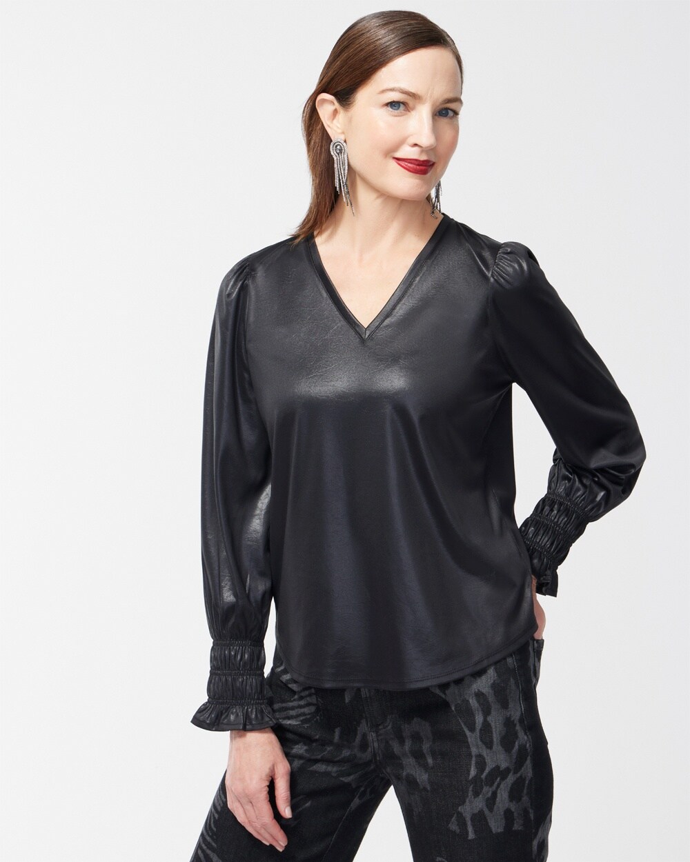 Faux Leather Shirred Sleeve Top