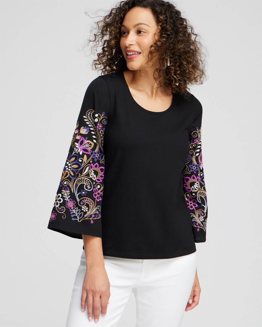 Knit Woven Embroidered Sleeve Top