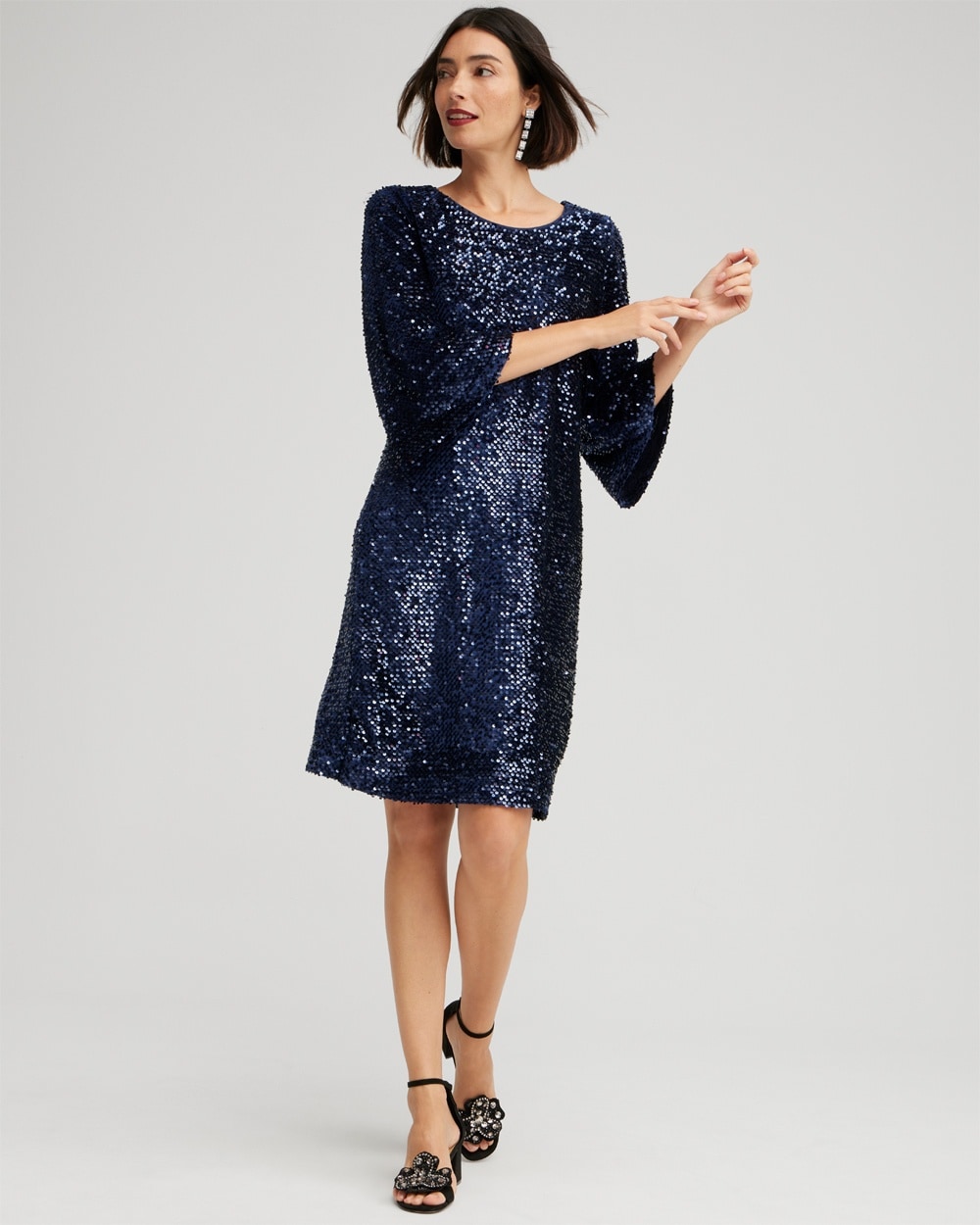 Chico's Velvet Sequin Bell Sleeve Dress In Midnight Dark Blue