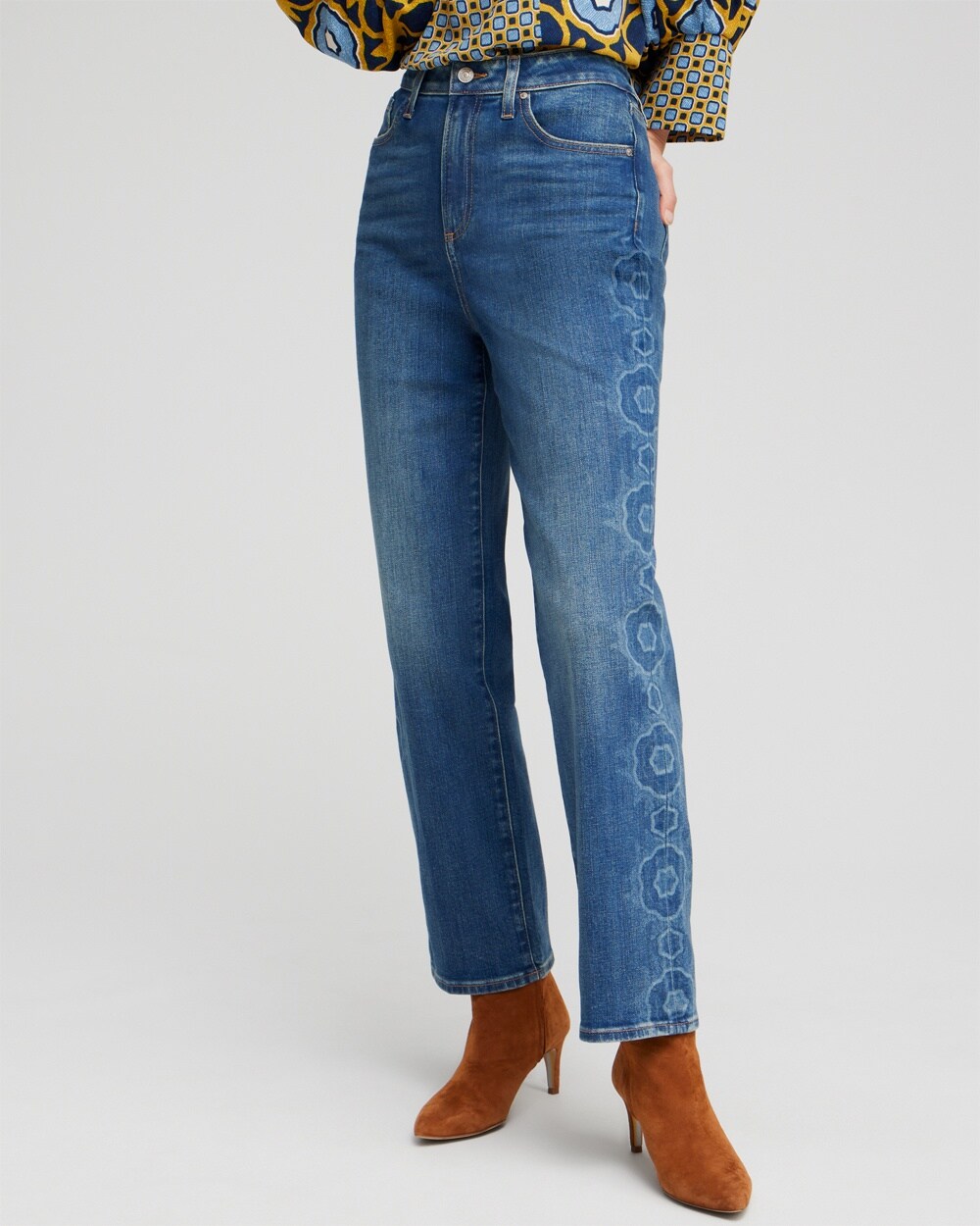 High Rise Laser Print Straight Jeans