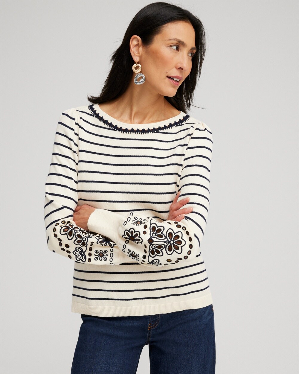 Embroidered Stripe Pullover Sweater