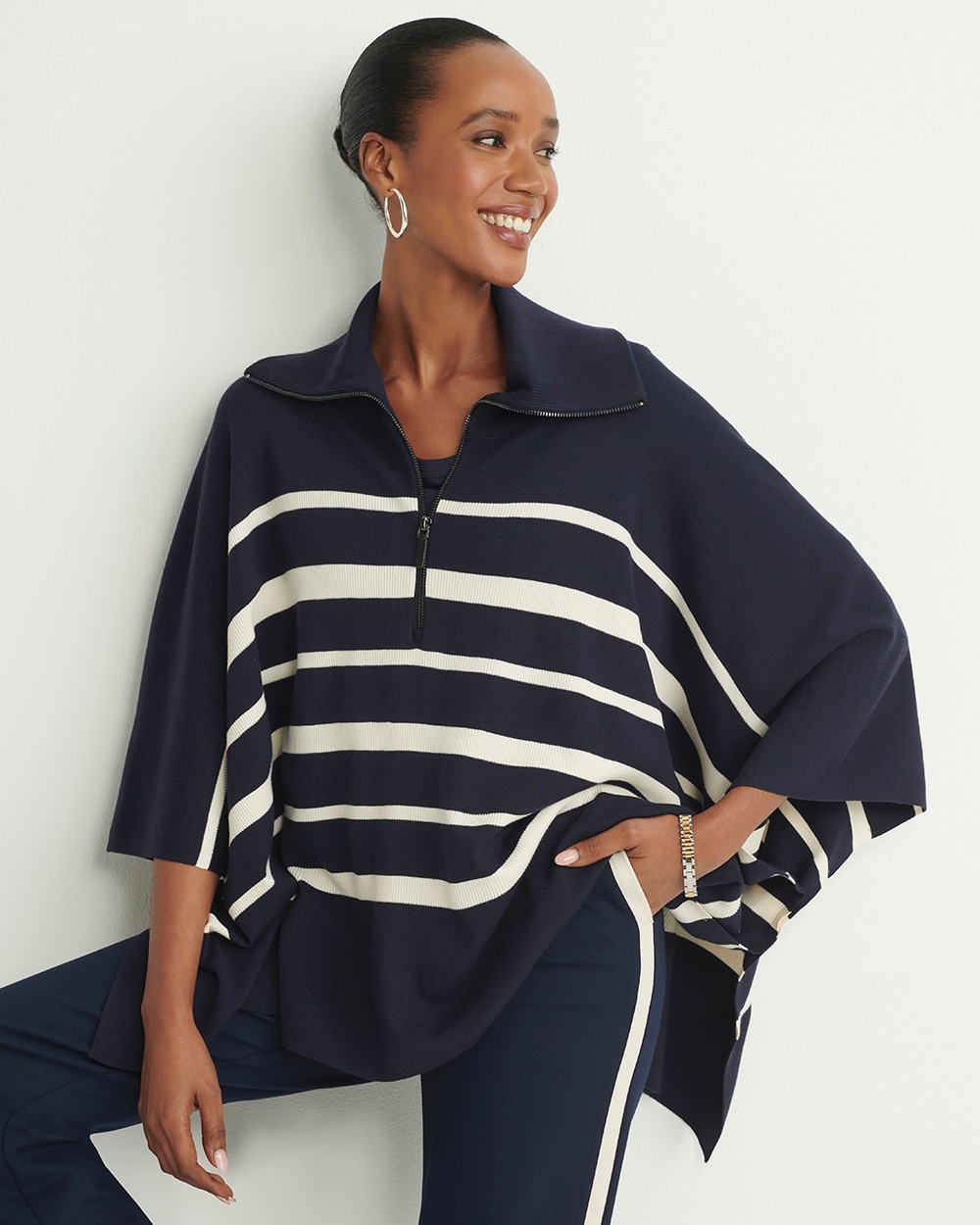 Stripe Zip Collar Sweater Poncho