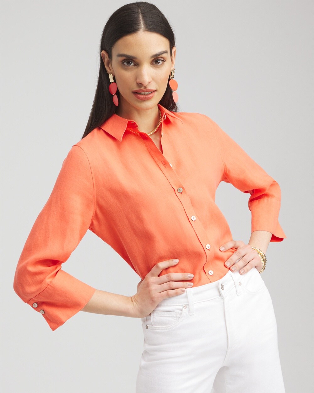Chico's No Iron Linen 3/4 Sleeve Shirt In Orange Size Xl |  In Nectarine