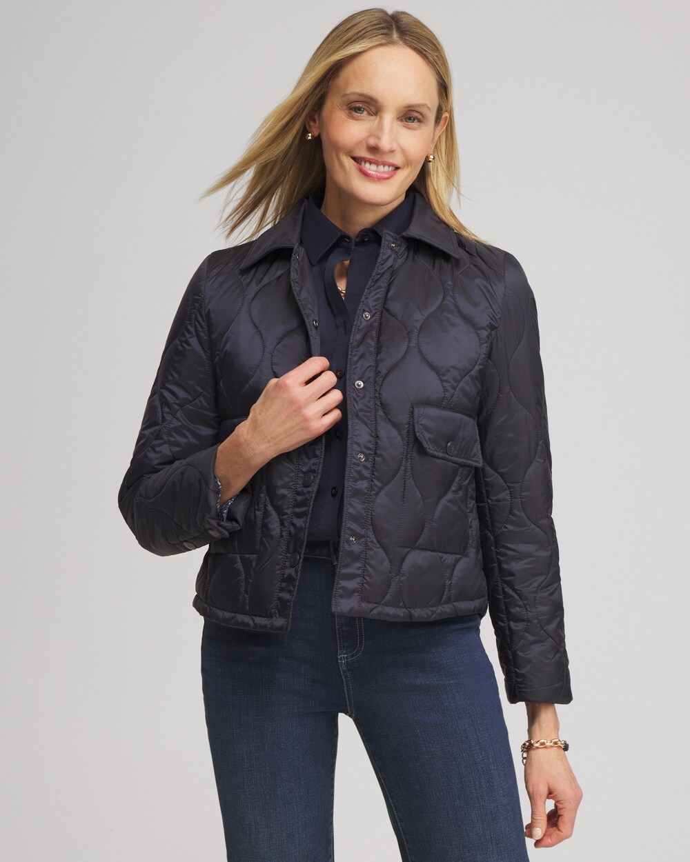 Chico's Cropped Quilted Jacket In Navy Blue Size Xs |