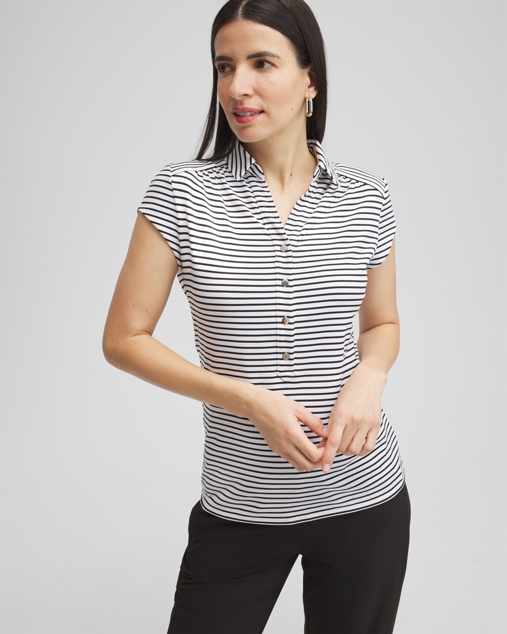 Chico's Upf Sun Protection Stripe Cap Sleeve Polo Top In Black Size 8/10 |  Zenergy Activewear