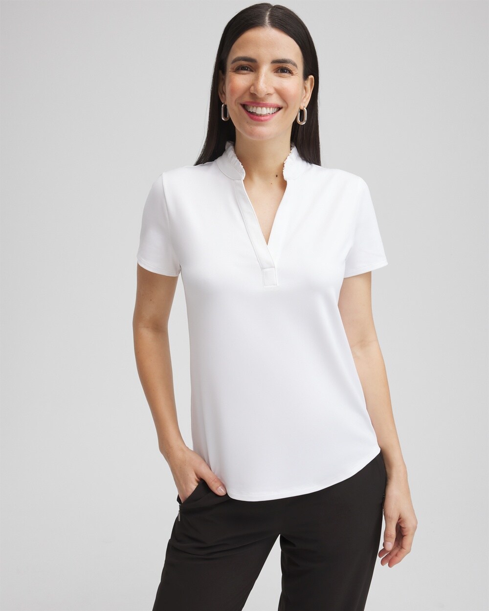 Chico's Upf Sun Protection Ruffle Neck Polo Top In White Size 4/6 |  Zenergy Activewear