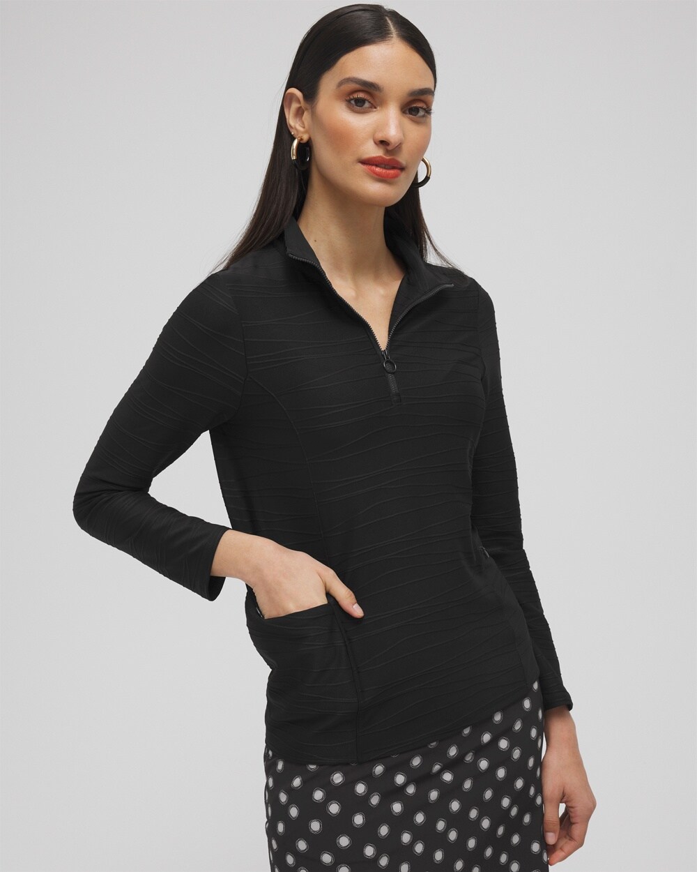 Chico's Upf Sun Protection Knit Jacquard Pullover Top In Black Size 12/14 |  Zenergy Activewear