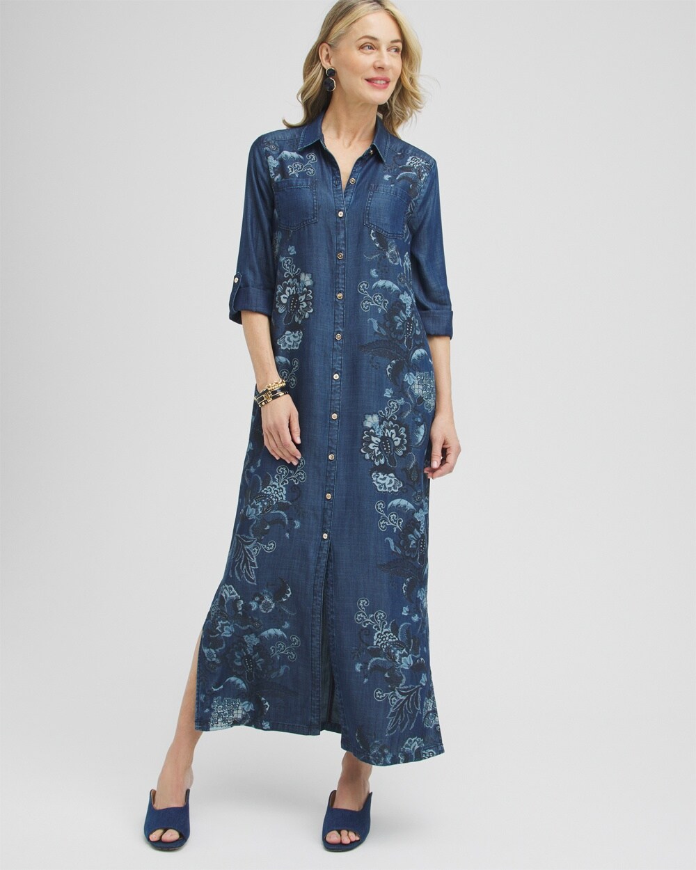 Chico's Chambray Roll Tab Floral Maxi Dress In Blue