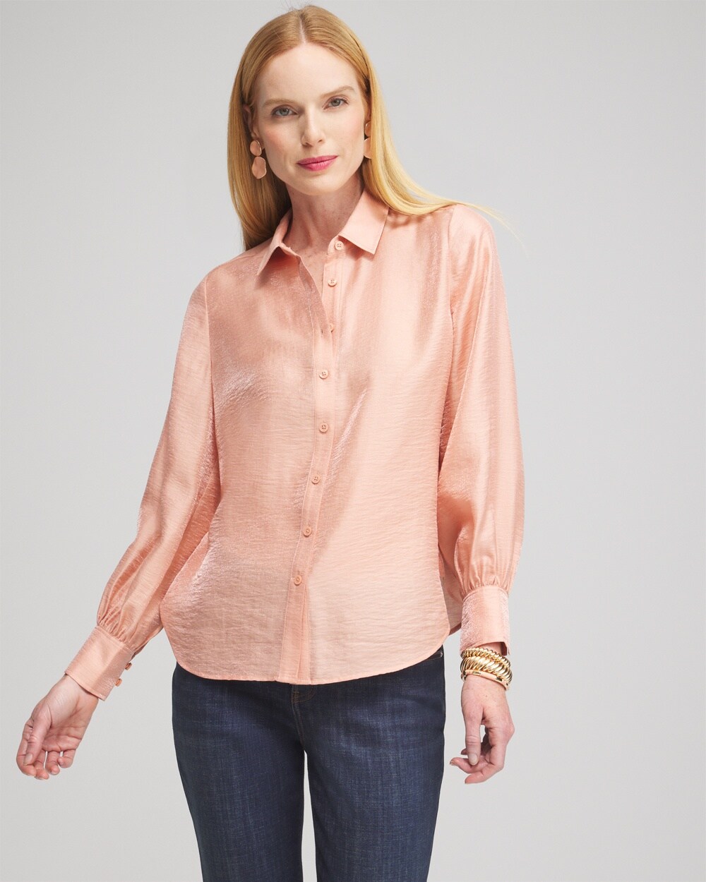 Chico's Shimmery Long Sleeve Shirt In Pink Clay