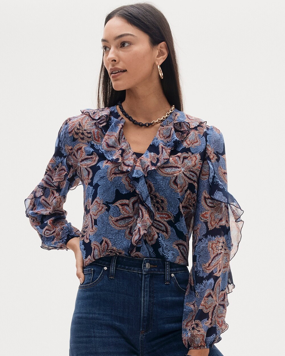 Chico's Ruffle Detail Floral Blouse In Ginger Rose