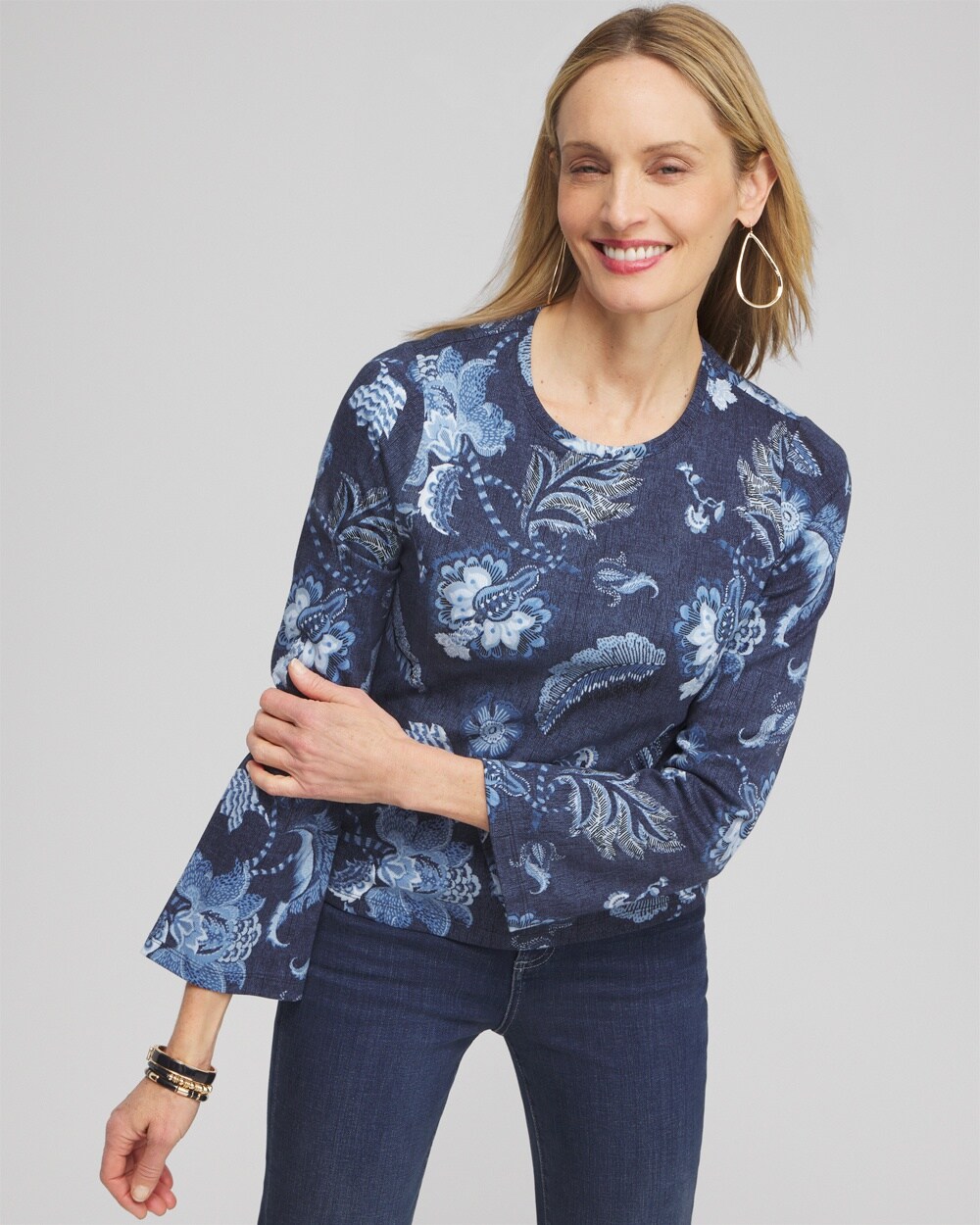 Chico's Floral Long Sleeve Tee In Navy Blue Size Xl |