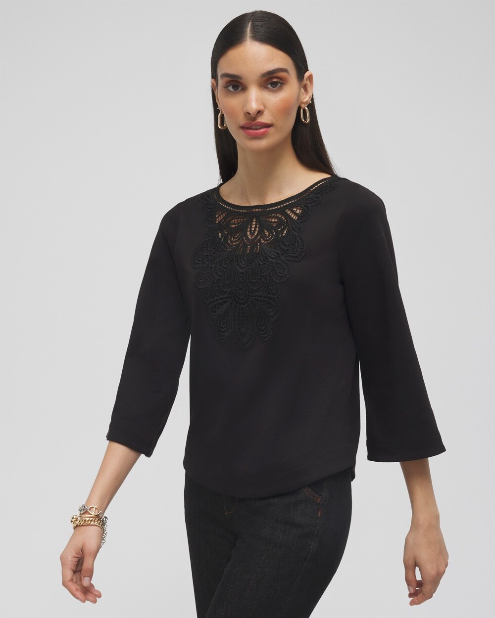 Chico's Lace Inset Top In Black