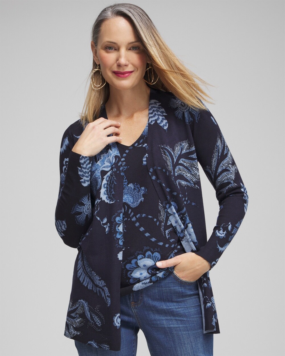 Chico's Spun Rayon Floral Cardigan In Navy Blue