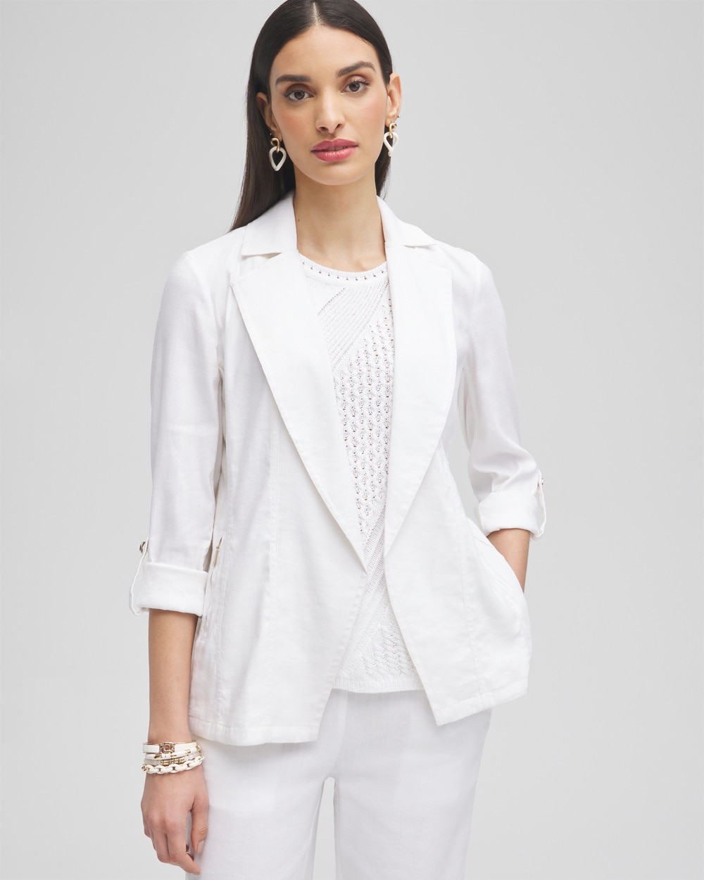 Chico's Linen Blend Stretch Blazer In White Size Small |