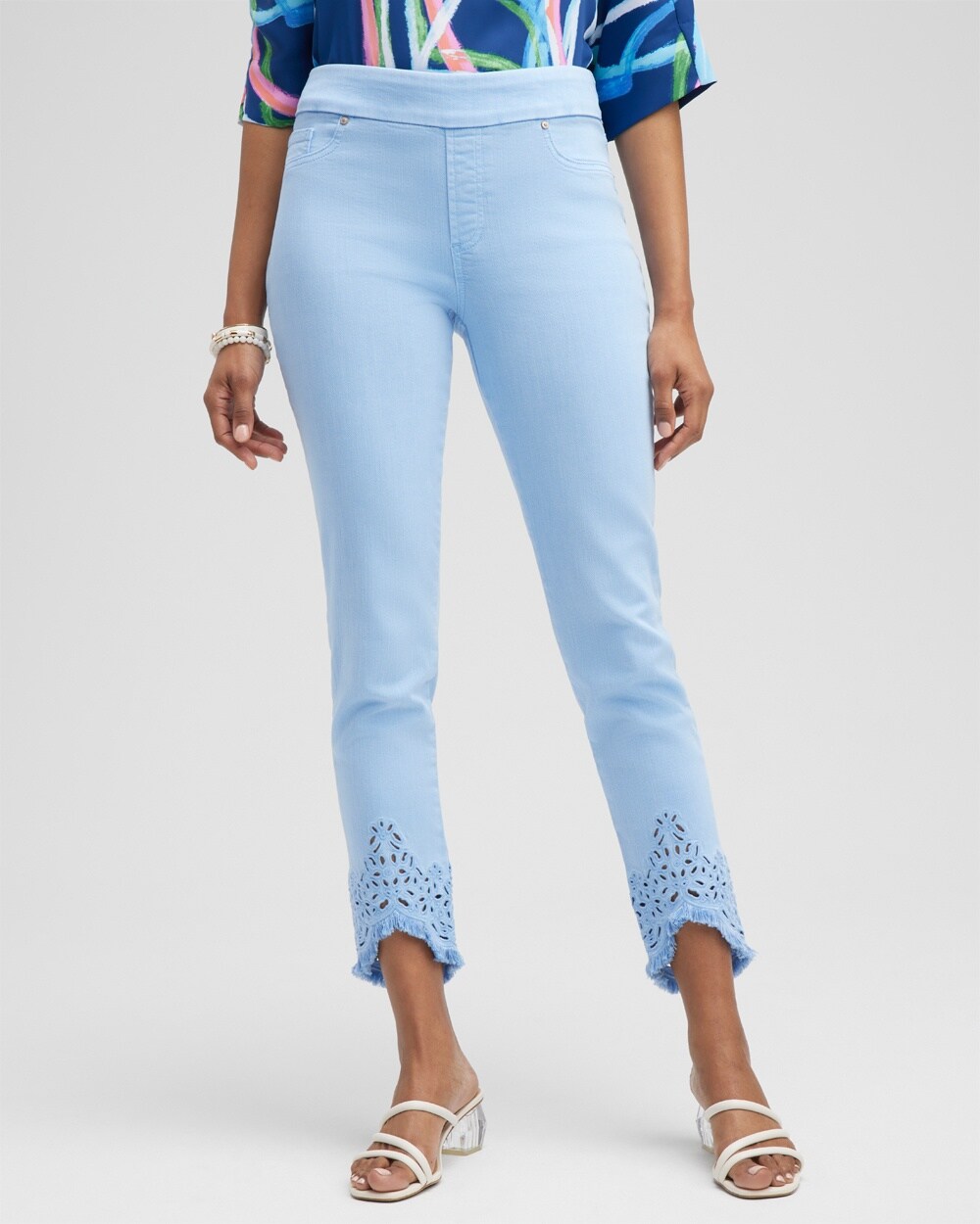 Chico's Eyelet Tulip Hem Pull-on Ankle Jeggings In Blue Size 0 |  In Grand Air