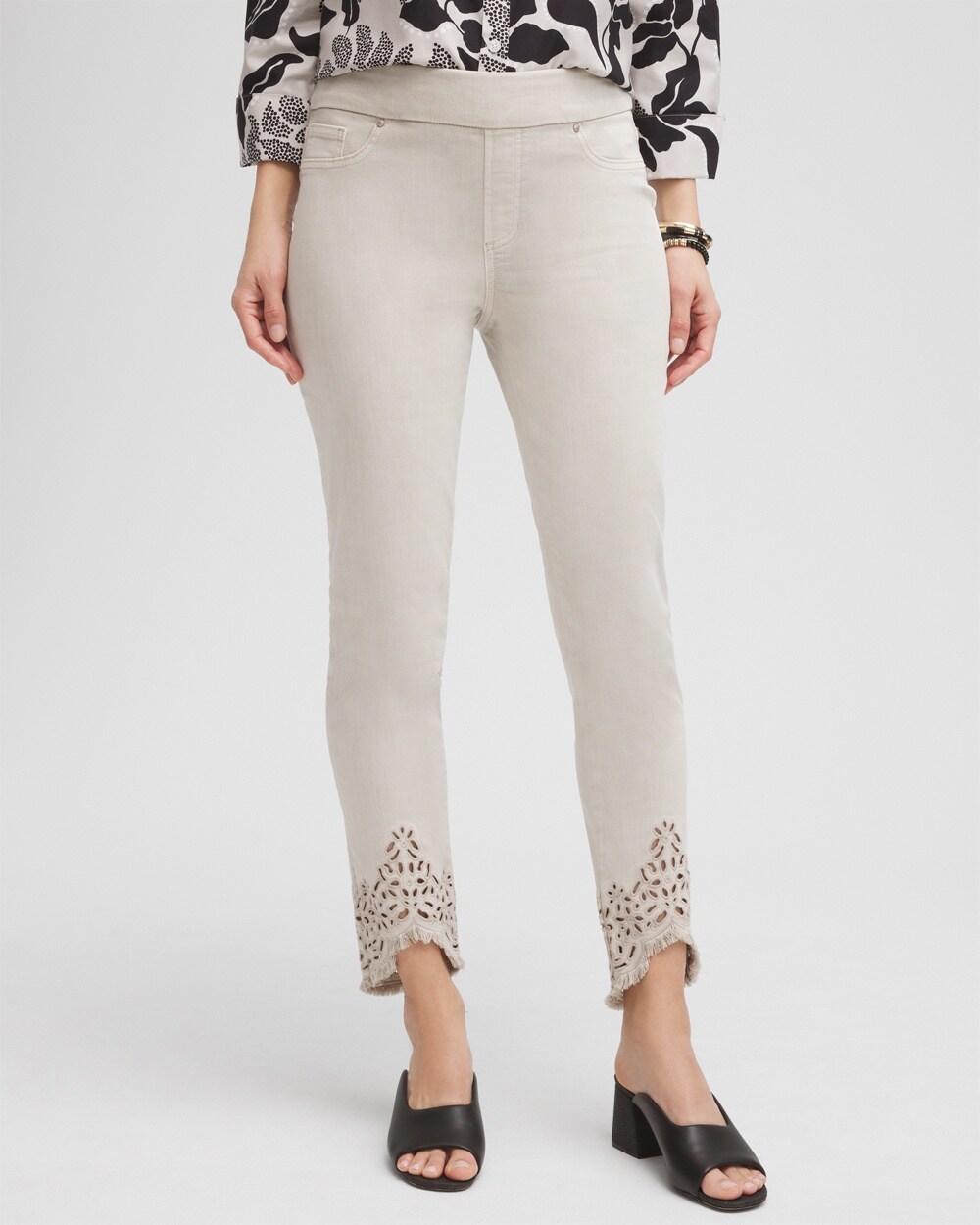 Chico's Eyelet Tulip Hem Pull-on Ankle Jeggings In Light Smokey Taupe