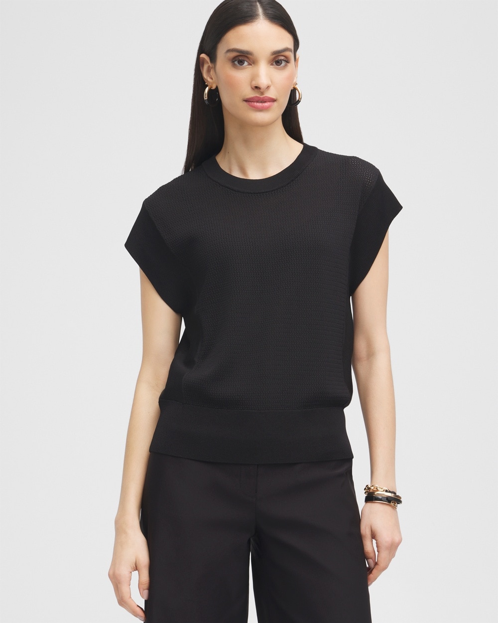 Chico's Rib Trim Sweater Top In Black Size Xs |  Black Label