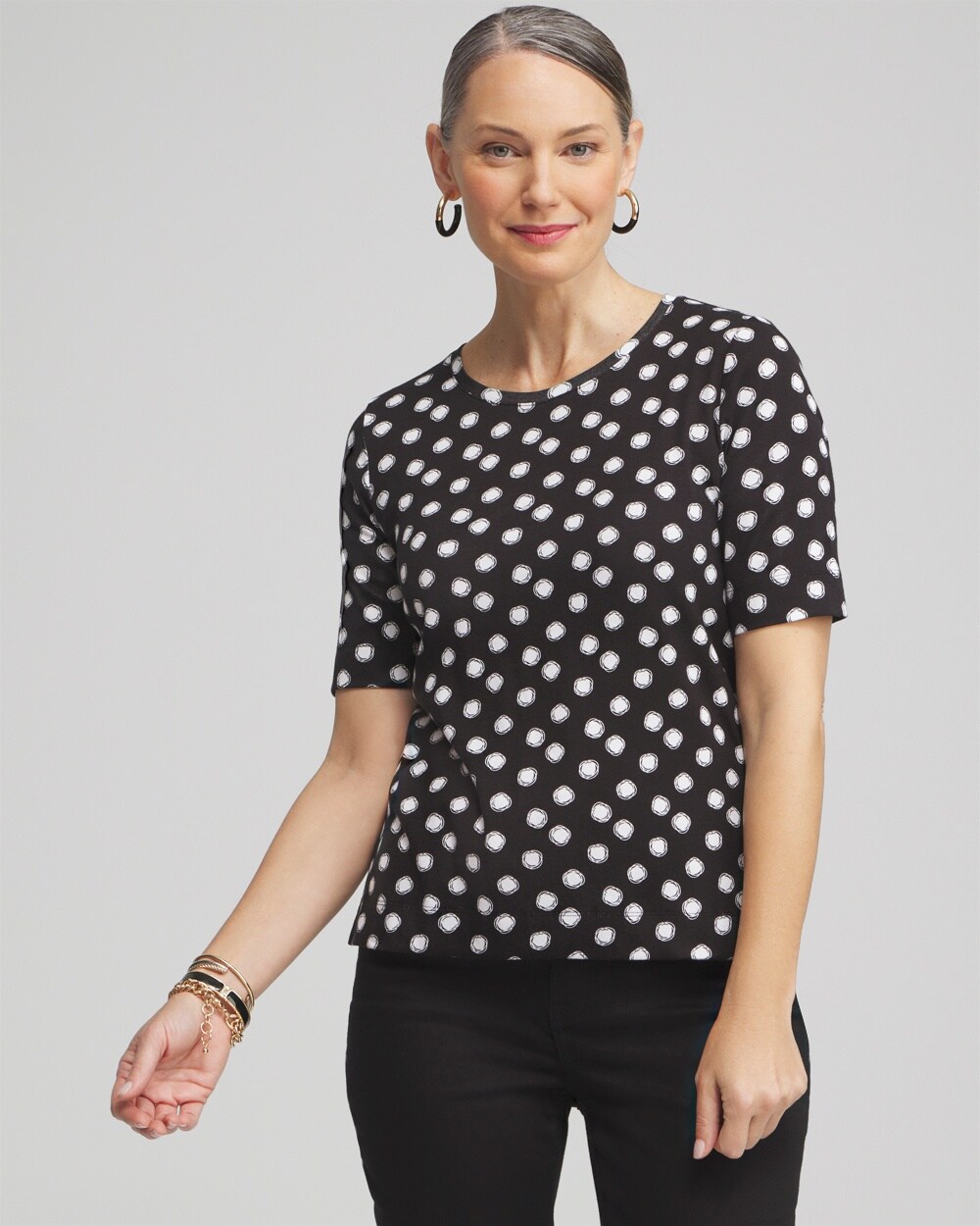 Chico's Polka Dot Everyday Elbow Sleeve Tee In Black Size Xl |