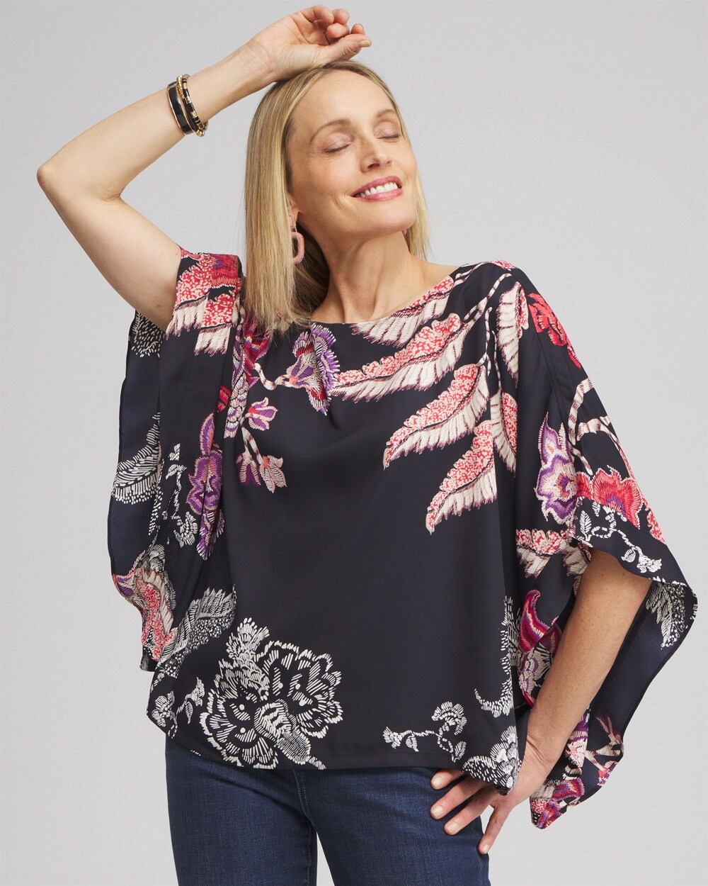 Chico's Ruffle Detail Floral Poncho In Classic Navy
