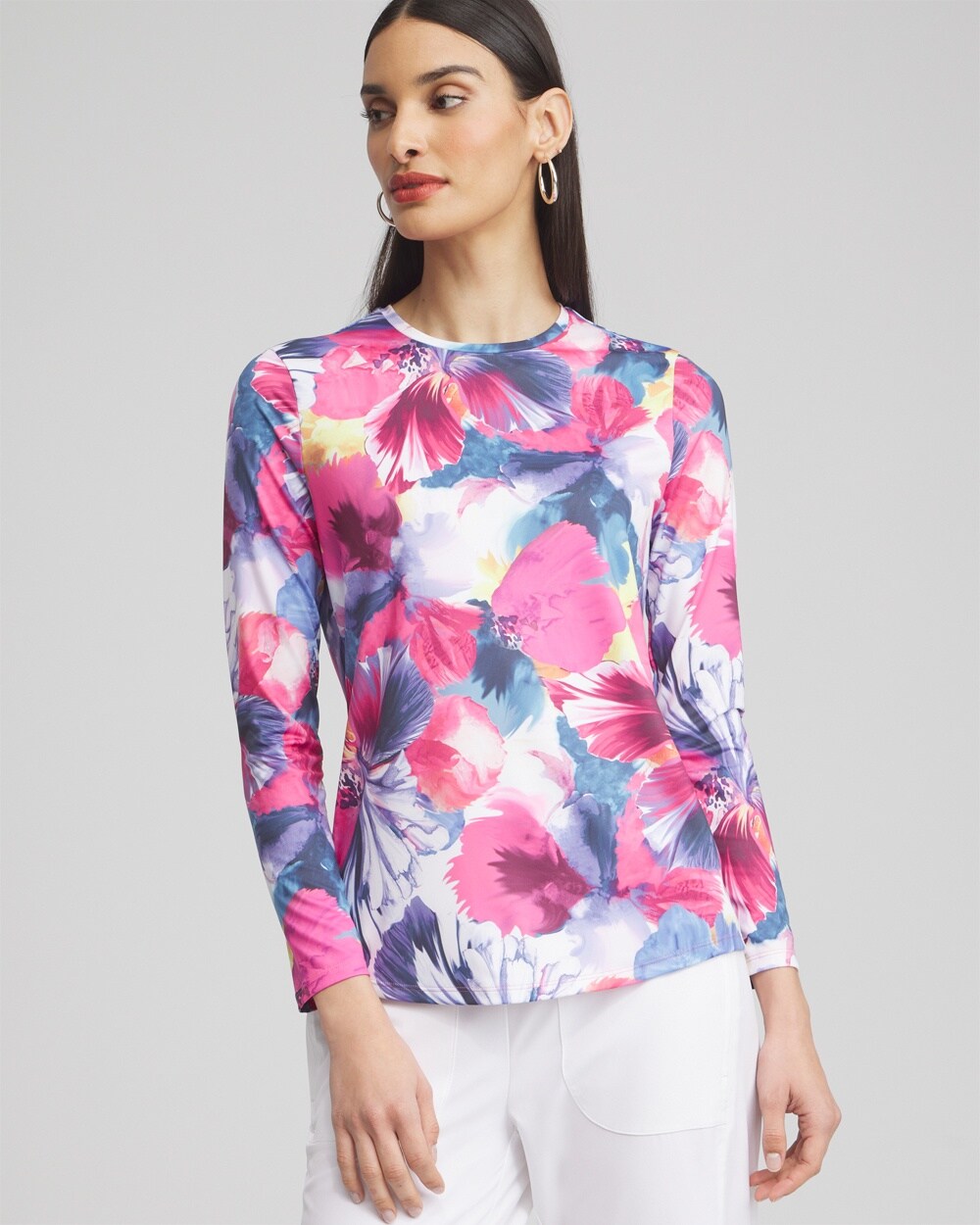 Shop Chico's Upf Sun Protection Knit Floral Tee In Magenta Rose Size 12/14 |  Zenergy Activewear
