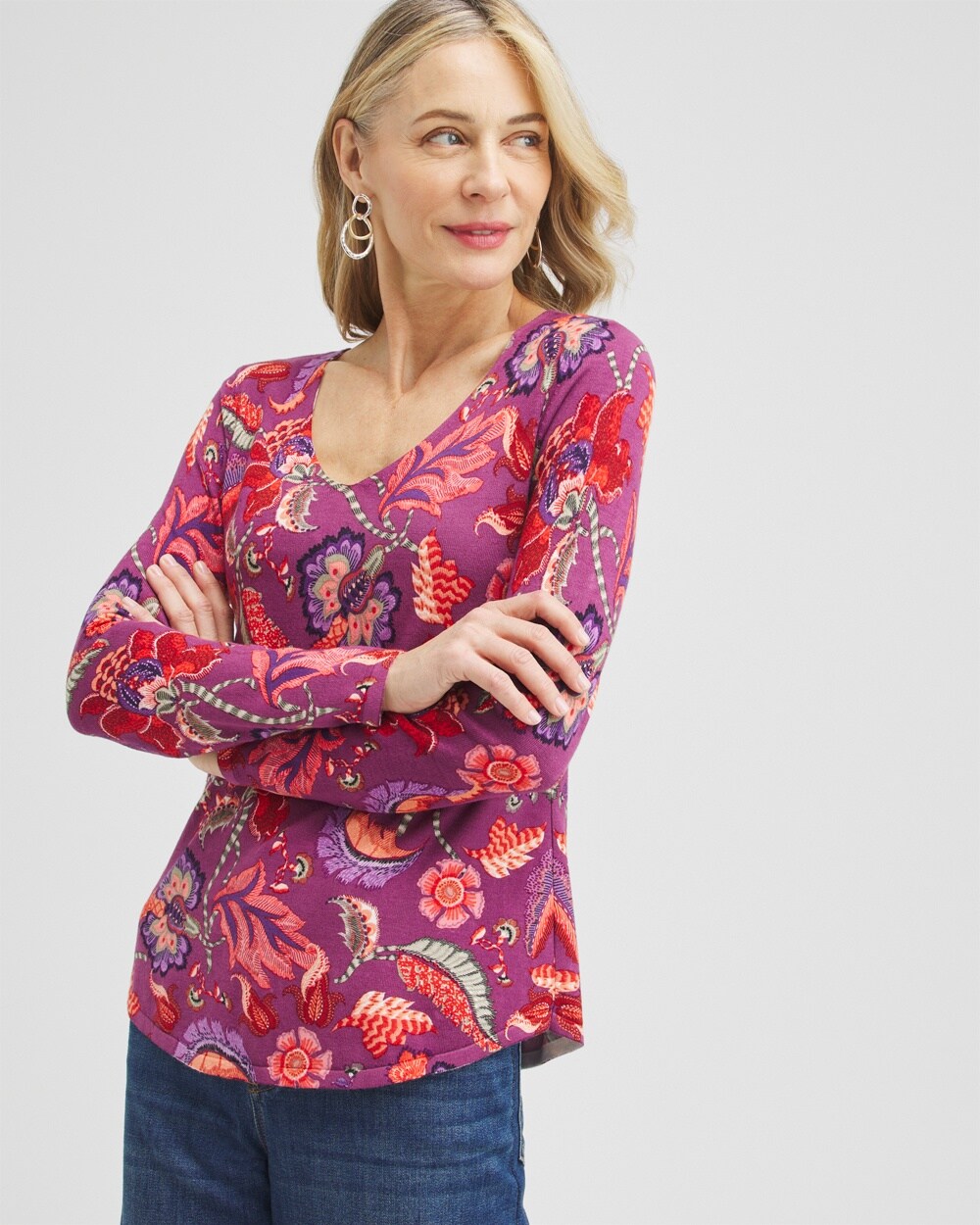 Chico's Spun Rayon Floral V-neck Pullover In Dark Pink