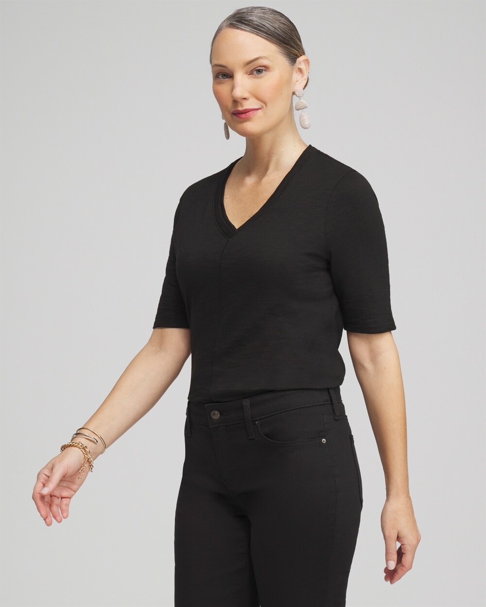 Chico's Elbow Sleeve A-line Tee In Black
