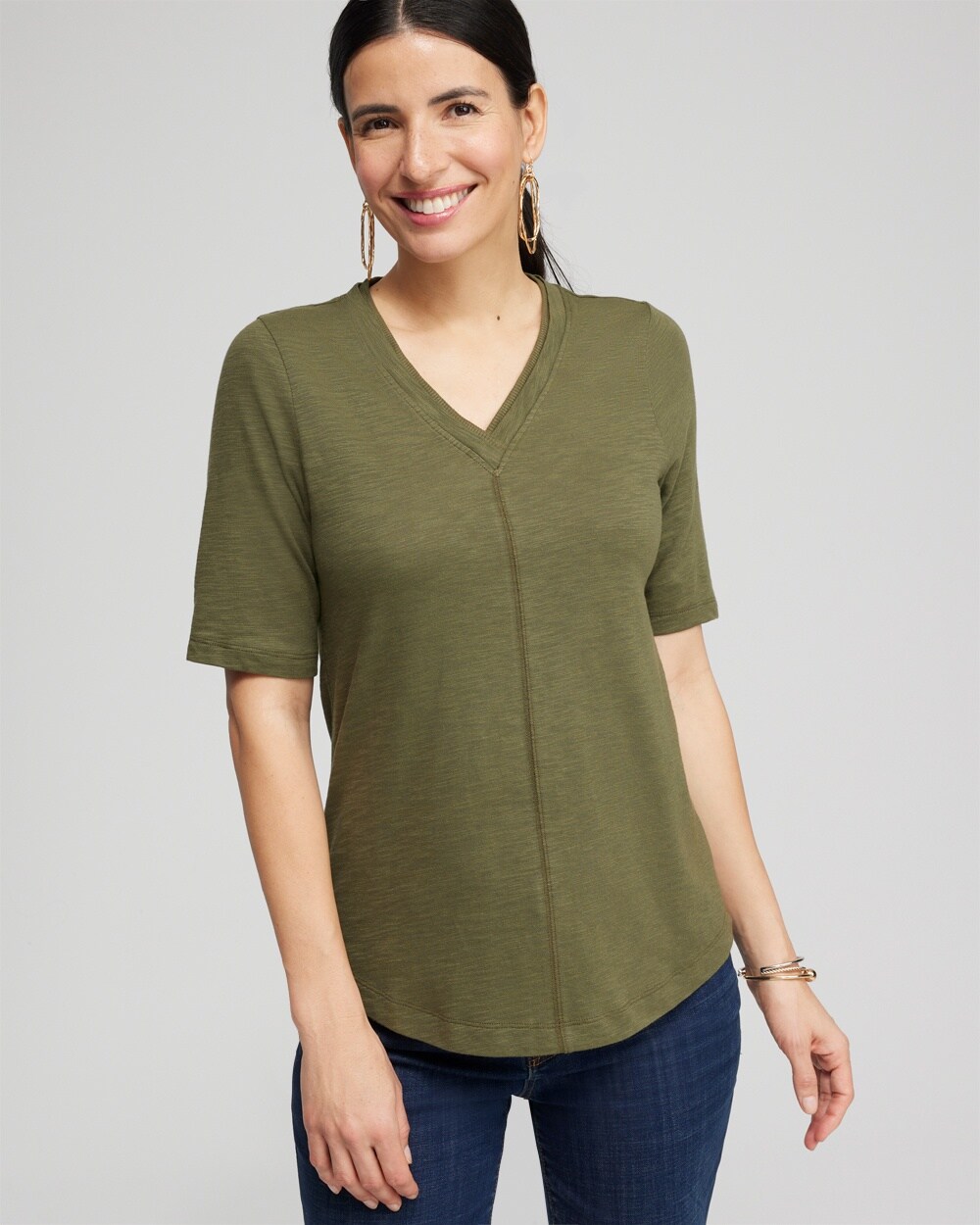 Chico's Elbow Sleeve A-line Tee In Olive Green