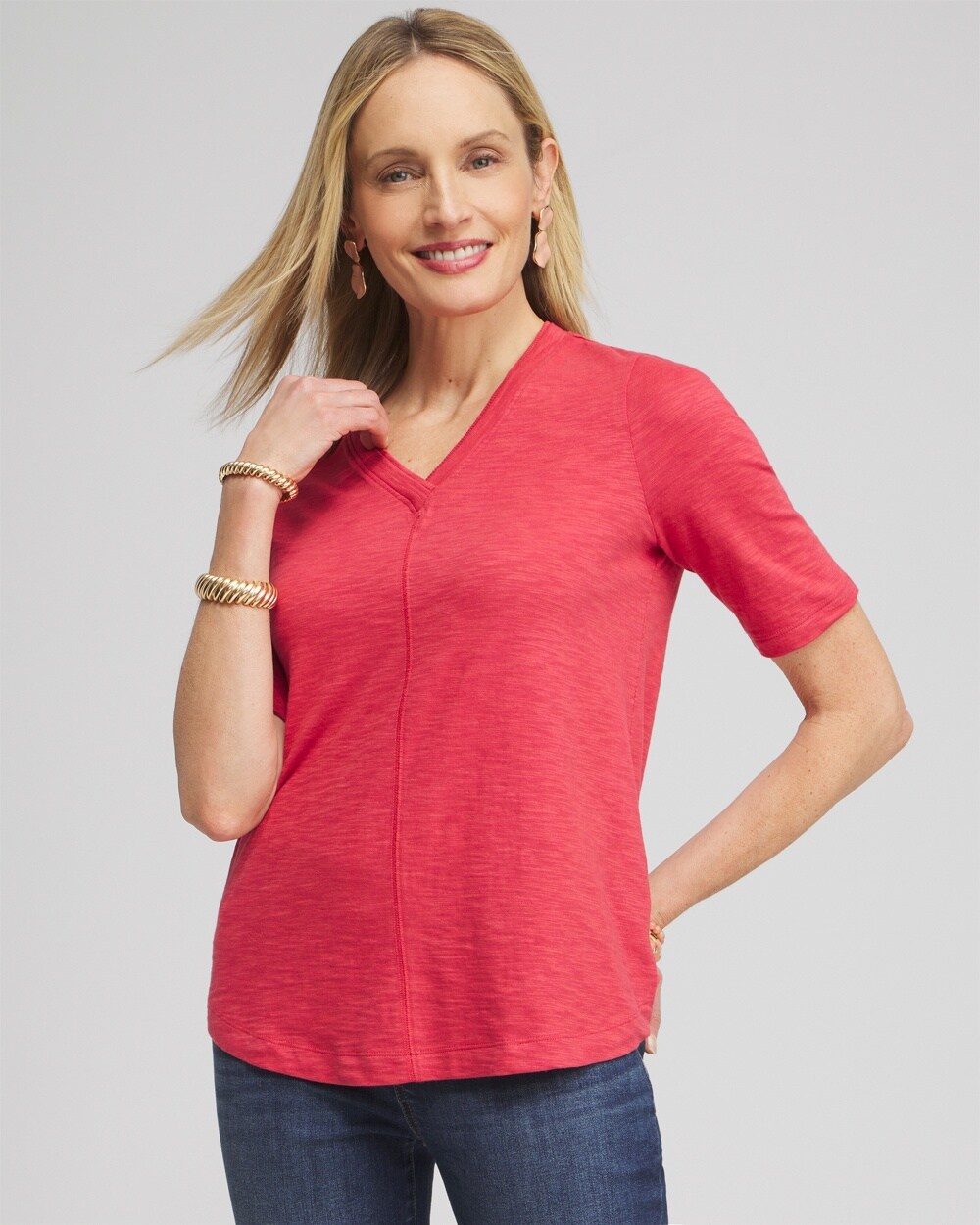 Chico's Elbow Sleeve A-line Tee In Dark Pink