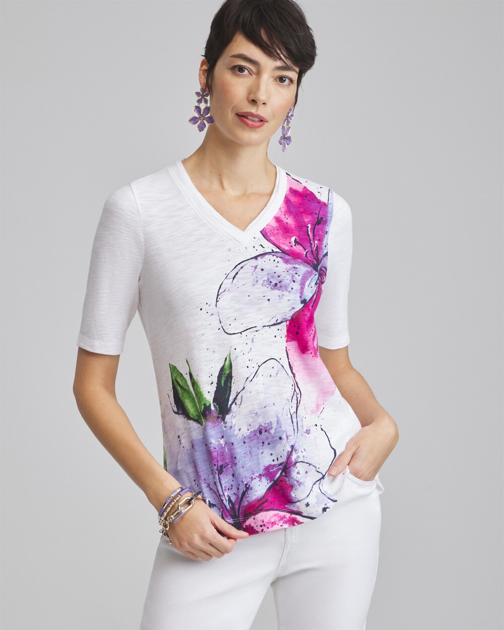 Placed Floral Elbow Sleeve A-line Tee