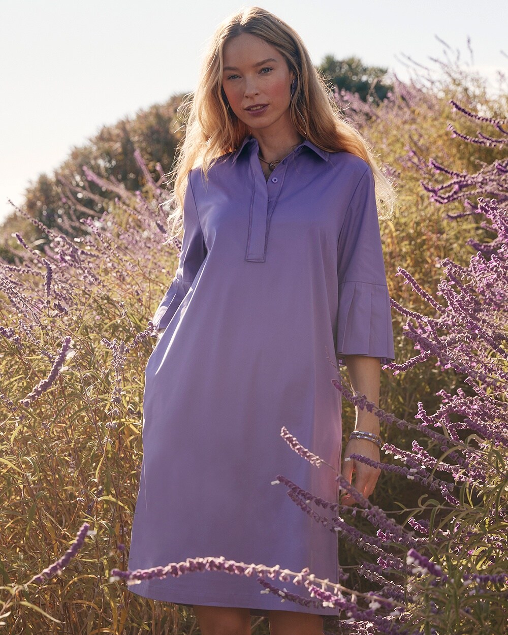 Shop Chico's Poplin Pleat Sleeve Popover Dress In Parisian Purple Size 18 |
