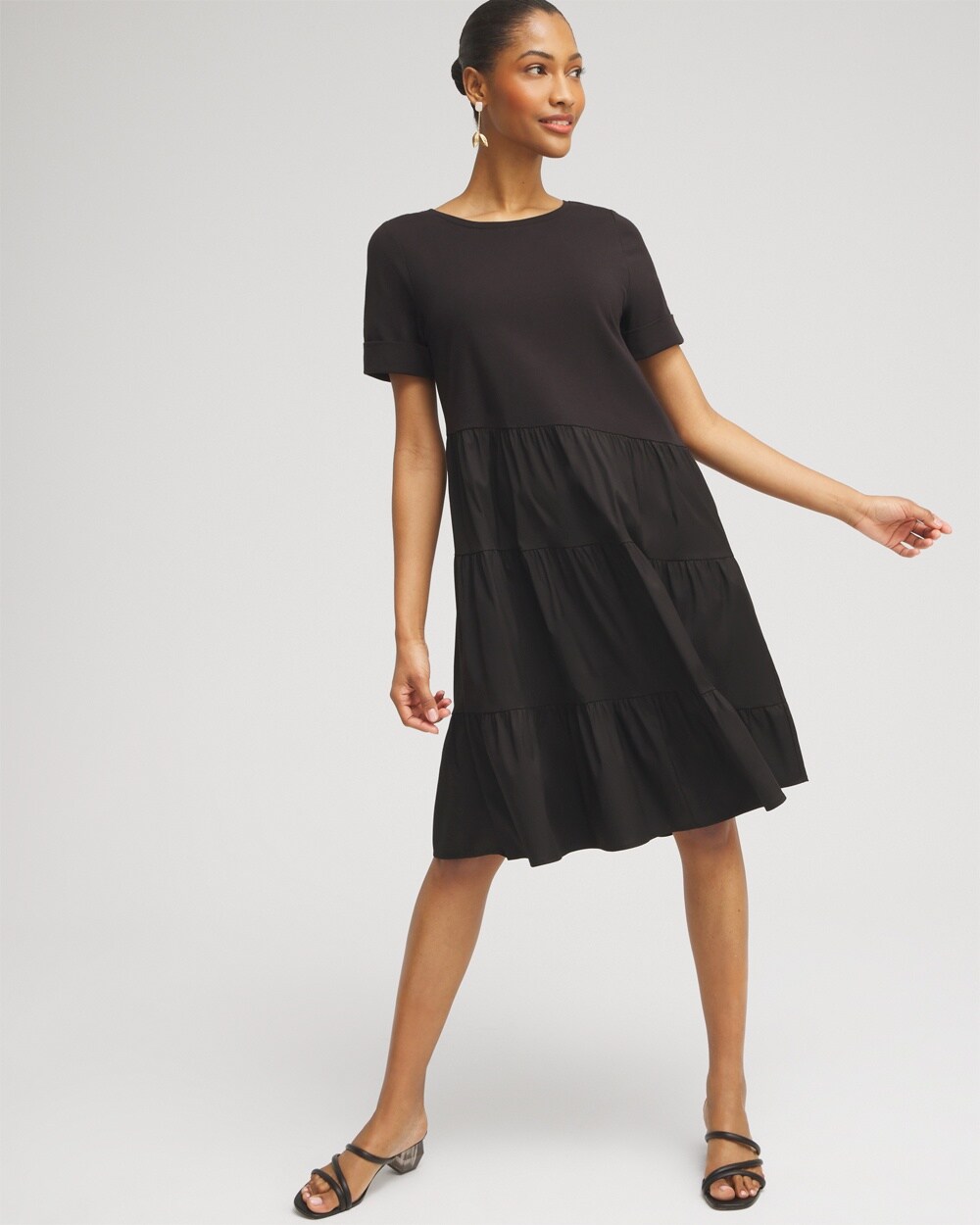 Shop Chico's Asymmetrical Knit Woven Tiered Dress In Black Size 12/14 |