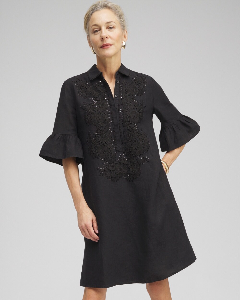 Chico's Linen Lace Applique Dress In Black Size 8 |